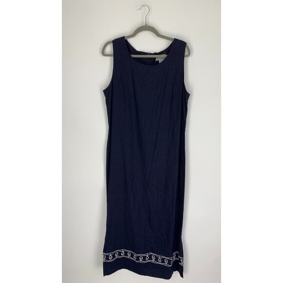 Stonebridge Womens Linen Navy Blue Sleeveless Dress Embroidered Back Zip Size 14 - Picture 1 of 8